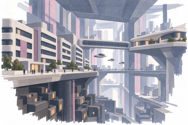 Retrofuturist city within a monumental tower