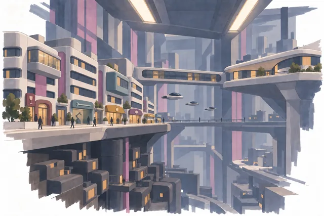 Retrofuturist mixed-use tower street